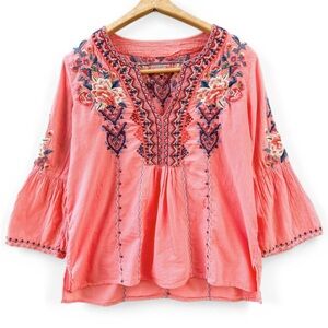 Johnny Was Workshop Marion 3/4 Flare Sleeve Blouse Women’s XS Coral Embroidered